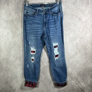 Judy Blue Jeans Womens 14W Blue Skinny Fit Distressed Plaid Patch Cuffed Red
